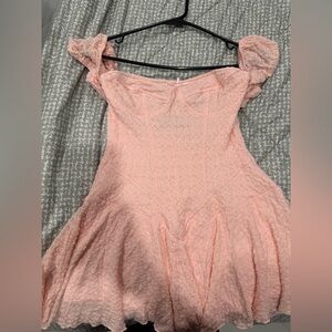 Pink Textured romper with Puff Sleeves